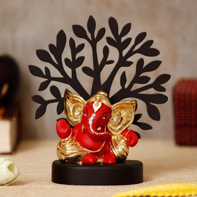 eCraftIndia Gold Plated Red Kaan Ganesha Showpiece with Wooden Tree Decorative Showpiece  -  13 cm(Wood, Red)