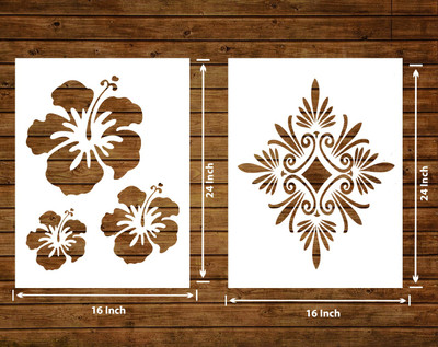 Decor now 16-inch x 24-inch Modern Flower AND Twin Hibiscus Design Reusable DIY Wall Stencil for Home Decor wall stencil Stencil(Pack of 2, Modern Flower style AND Twin Hibiscus Design)