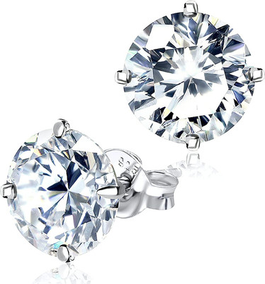Via Mazzini 92.5-925 Sterling Silver 8mm White Gold Plated Round Brilliant Solitaire Stud Earrings Pure Silver (ER0157) Crystal Sterling Silver Stud Earring