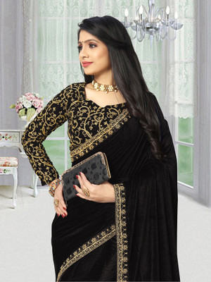 Sinauli Embroidered Bollywood Velvet Saree(Black)