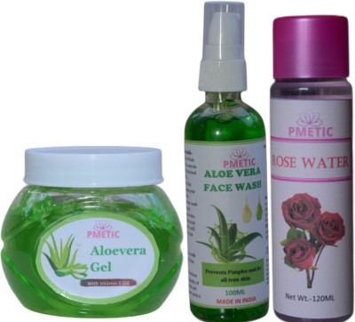 pmetic 200Gm Alovera Gel,100ml Aloevera Face Wash,100ml Rose Water,For Face Man & Woman(400 ml)