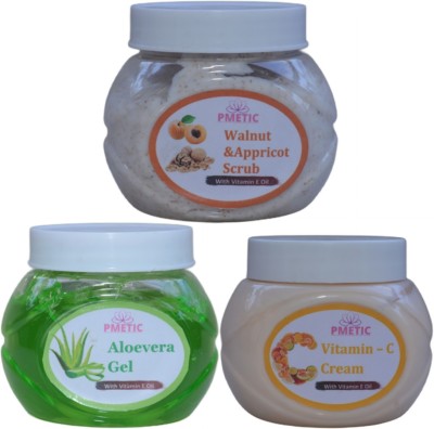 pmetic 200Gm Aloevera Gel,200Gm Walnut & Appricot Scrub, 200Gm Vitamin-C Cream For Face(600 g)