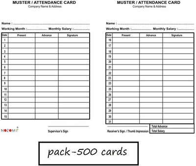 NOZOMI Paper MUSTER CARDS / STAFF ATTENDANCE CARD(Set Of 500, White)