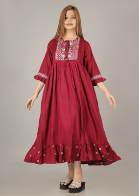 karodiwaal collection Women Printed Flared Kurta(Maroon)