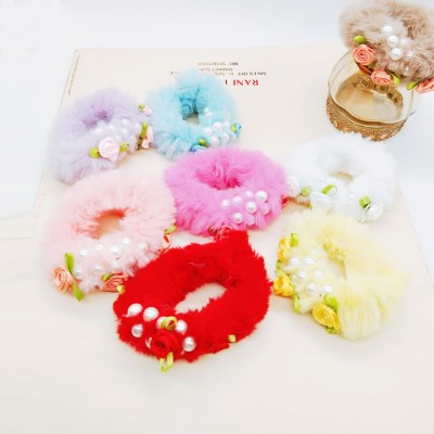 Myra Collection Pack of 6 Pcs Pearl Fluffy Faux Fur Floral Rubber Bands Pack of 3 Random Color Rubber Band(Multicolor)