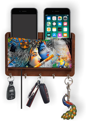 APS Art Plus Store Storage Box Key Holder For Wall Decor, Radhakrishan Key Holder With Mobile Stand Wood Key Holder(5 Hooks, Brown)