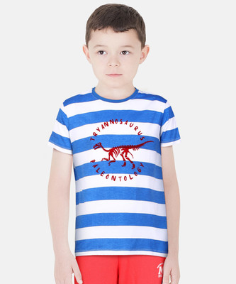INDIAN TERRAIN Boys Typography, Striped Pure Cotton Regular T Shirt(Blue, Pack of 1)