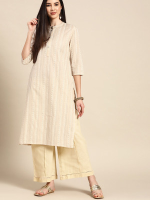 ANOUK Women Striped A-line Kurta(White)