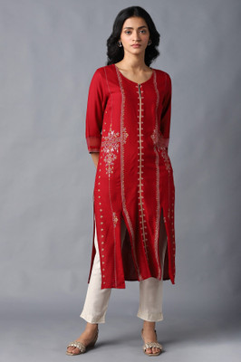 W Women Floral Print Straight Kurta(Red)