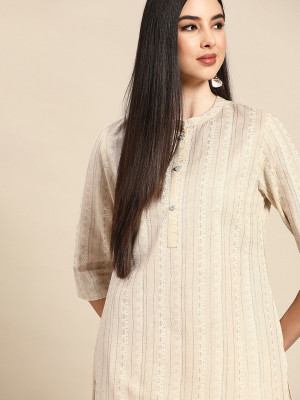 ANOUK Women Striped A-line Kurta(White)