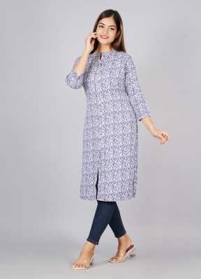 JAYRA TEXTILE Women Printed A-line Kurta(White, Blue)