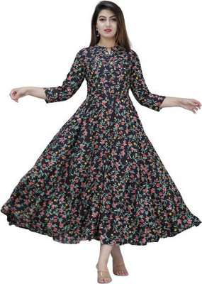IBNOL Women Printed Anarkali Kurta(Black)