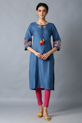 W Women Solid Straight Kurta(Blue)