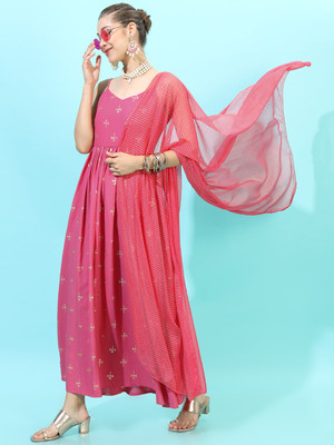 Vishudh Women Printed Ethnic Dress Kurta(Pink)