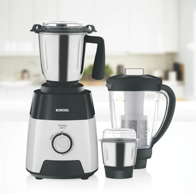 BOROSIL Silverline 600-Watts Mixer With Juicer Jar 600 Juicer Mixer Grinder (3 Jars, Black, Grey)