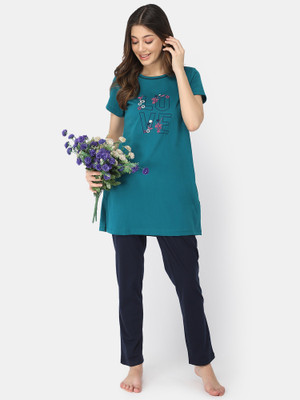 Looper Women Printed Green, Dark Blue Top & Pyjama Set
