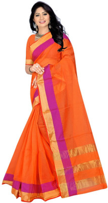 Matangi Exporter Self Design Banarasi Cotton Blend Saree(Orange)