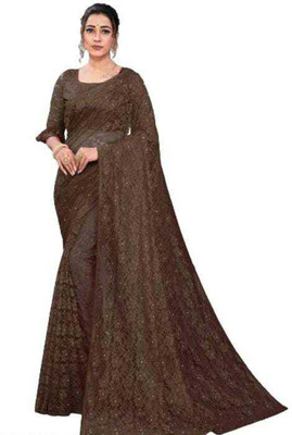 Aarya creation Self Design Bollywood Net Saree(Brown)