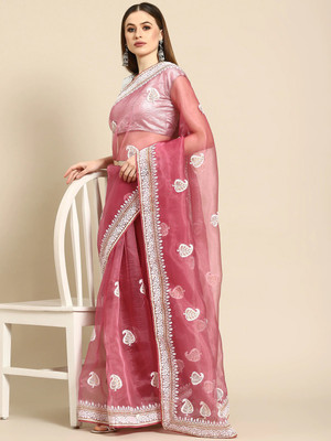 ANOUK Printed Bollywood Organza Saree(Pink)