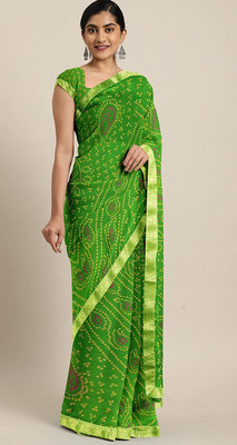 Xclusive Designer Printed Bandhani Chiffon Saree(Green)