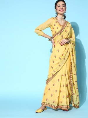 VeeRudra Embroidered Bollywood Georgette Saree(Mustard)