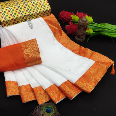 Juhi Collection Self Design, Embellished, Dyed, Solid/Plain Bollywood Pure Silk, Art Silk Saree(White)
