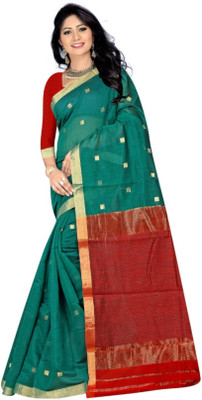 Matangi Exporter Self Design Banarasi Cotton Blend Saree(Dark Green)