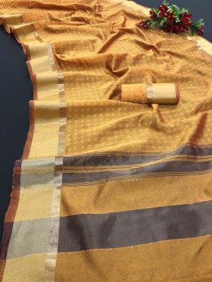 PRIYESHA TEXTILES Paisley, Temple Border, Embroidered, Woven Tant Silk Blend, Cotton Linen Saree(Yellow)