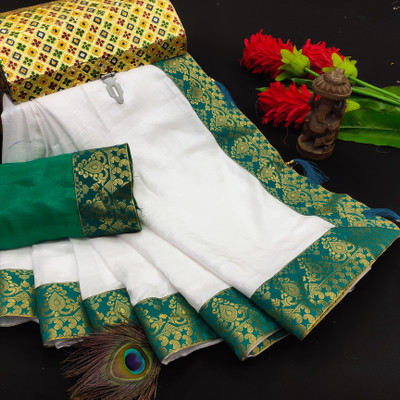 VRINDITA FASHION Solid/Plain Kanjivaram Art Silk Saree(White, Green)
