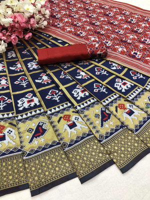 NS WORLD Printed Patola Cotton Silk Saree(Dark Blue)
