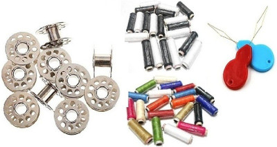 Kunfaya 5Pc Metal Sewing Silver Bobbins + 10 Pc Multicolor & B/W Spool, 2 Thread Pick Sewing Kit