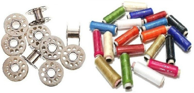 Kunfaya 5Pc Metal Sewing Silver Bobbins + 10 Pc Multicolor Thread Spools Sewing Kit
