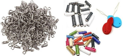Kunfaya 50Pc Silver Steel Blouse Hook + 10 Pc Multicolor & B/W Spool, 2 Thread Pick Sewing Kit