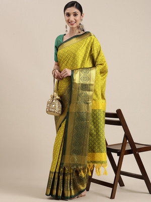 Pandadi Saree Polka Print Banarasi Cotton Silk Saree(Yellow)