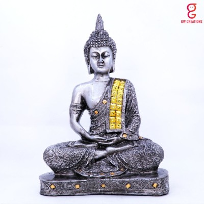 GW Creations Beautiful Meditating Lord Gautam Buddha With One Buddha Decorative Showpiece  -  23 cm(Polyresin, Grey, Silver)