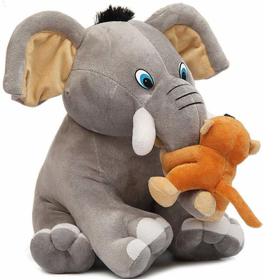 Khatu shyam Cute Elephant with Baby Monkey Premium Soft Toys for kids -(Grey)  - 30 mm(Grey)