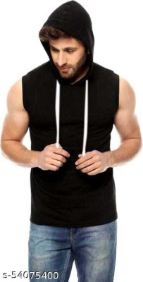 NikkFashionista Solid Men Hooded Neck Black T-Shirt