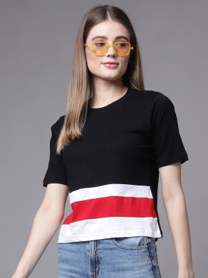 THE EG STORE Colorblock Women Round Neck Black T-Shirt