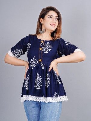 Ravi Collections Casual Floral Print Women Blue Top