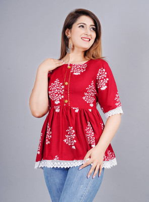 AK FUSION Casual Printed Women Red Top