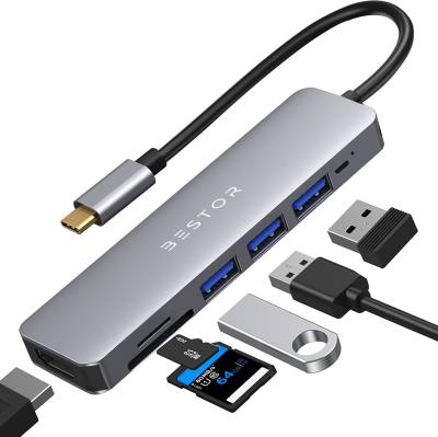 Bestor 7 PORT wired USB-C hub 1xHDMI port, 1xTF slot, 1xSD slot, 3xUSB 3.0 port, 1x100 W C-type power delivery port 7 in 1 USB Hub  (7 in 1)