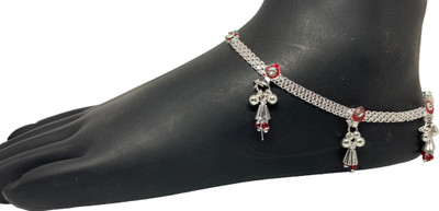 LUCRATIVECRYSTAL Silver Plated White Metal Indian Traditional Ethnic Fancy Pair Stainless Steel Anklet(Pack of 2)
