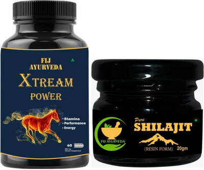 FIJ AYURVEDA Pure Shilajit Resin 20Gm with Xtream Power – 60 Capsules (Combo Pack)(Pack of 2, 20 g, 60 Capsules)
