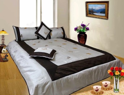 Dekor World Butterfly Embroidery Quilt Collection Polyester, Pure Silk King Sized Bedding Set(White, Brown)