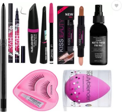 Kiss Beauty Kajal & 36 Hour Eyeliner & 3 in1 Contour Stick & Make Up Fixer & Heart Eyelashes & Sponge Puff(9 Items in the set)