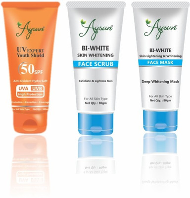 Aysun Combo Pack of UV Expert Youth Shield 50SPF & Bi-White Face Scrub + Bi-White Face Mask Pack of 3(3 Items in the set)