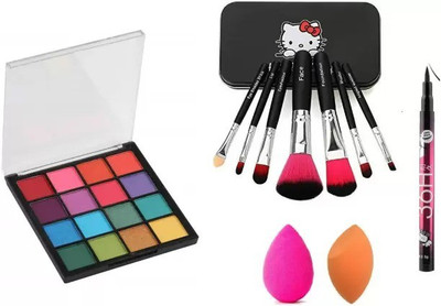 ZOVLY Color Icon Eye Shadow + Makeup Brushes + MeNow Blendor Puffs + Eye Liner Black(5 Items in the set)