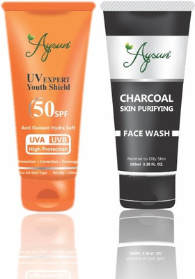 Aysun Combo Pack of UV Expert Youth Shield 50SPF & Charcoal Face Wash Pack of 2(2 Items in the set)