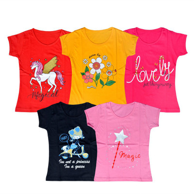 FAZZA Girls Graphic Print Pure Cotton Regular T Shirt(Multicolor, Pack of 5)