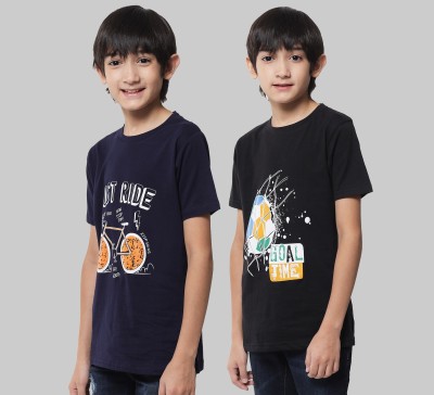 ANIXA Boys Graphic Print Pure Cotton Regular T Shirt(Multicolor, Pack of 2)